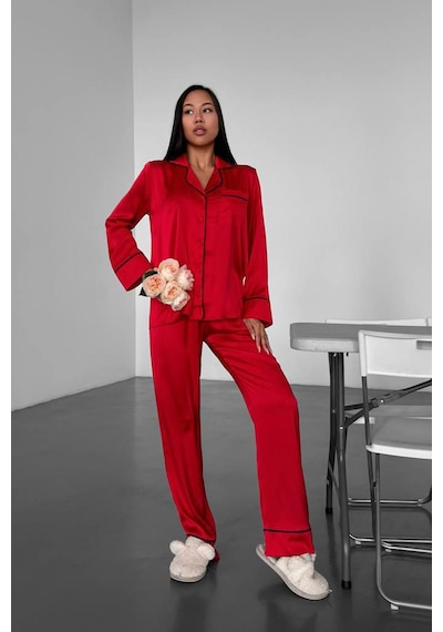 Gizotti Love Kırmızı Düz Uzun Saten Pijama Xl Kırmızı