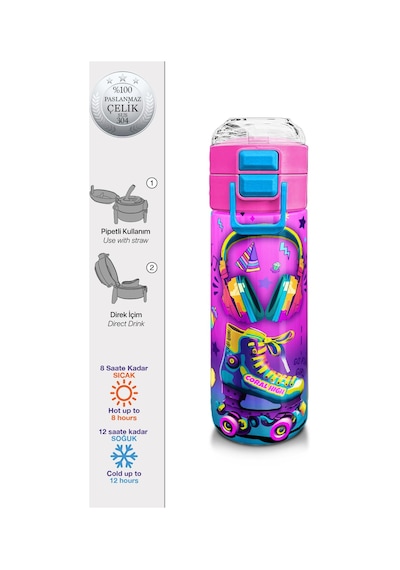 Coral High Kids Pembe Turkuaz Kulaklık Paten Desenli Pipetli Ve Direkt İçim Çelik Termos 500 Ml 31955 Turkuaz