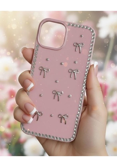 Apple Uyumlu iPhone 15 Fiyonk Figürlü Simli İnci Taşlı Lüx Silikon Kılıf Pembe