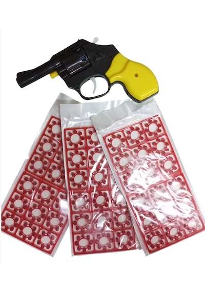 Sarı Siyah Taraftar Mantar Kapsül Tabanca + 3 Yedek Paket Mermi 432 Kapsül Tüm Yaşlar