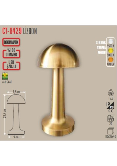 Cata Ct-8429 Lizbon Antik Şarjlı Masa Lambası Gold Krom Kasa 3 Renk Antik Eskitme