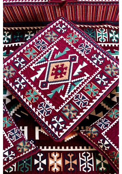 Otantik Şark Köşesi Takımı Bordo Anadolu 18 Parça 20 Cm Süngerli Kilim Ve Puf Dahil Sedir Seti