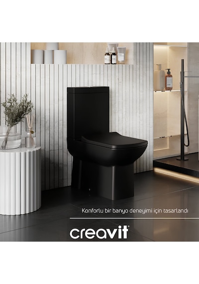 Creavit Lara Kanallı Kömür Karası Duvara Sıfır Klozet Takımı Lr360, Creavit Lara Duroplast Yavaş Kapak Mat Siyah
