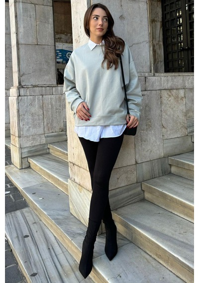 Boyalı Gri Bisiklet Yaka Basic Sweatshirt Mg2185