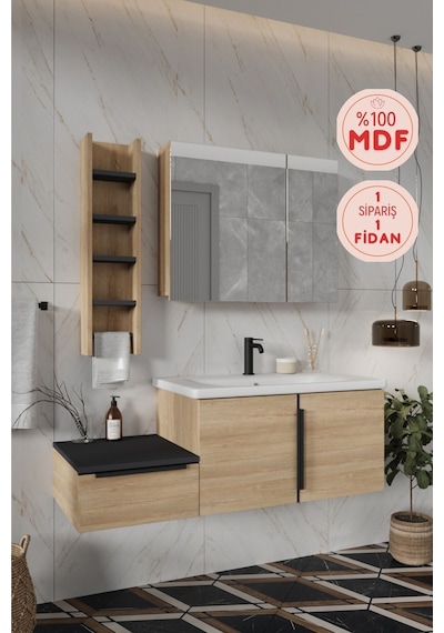 Banyo Zakkum 120 Cm Demonte Lavabolu Banyo Dolabı Dolaplı Aynalı Üst Dolap Havluluk Lefkas Meşe Banyo Zakkum 120 Cm Demonte Lavabolu Banyo Dolabı Dolaplı Aynalı Üst Dolap Havluluk Lefkas Meşe