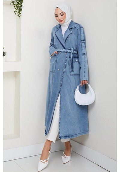 Hb Harma Time Butik Kadın Cepli Kuşaklı Denim Mavi Trençkot