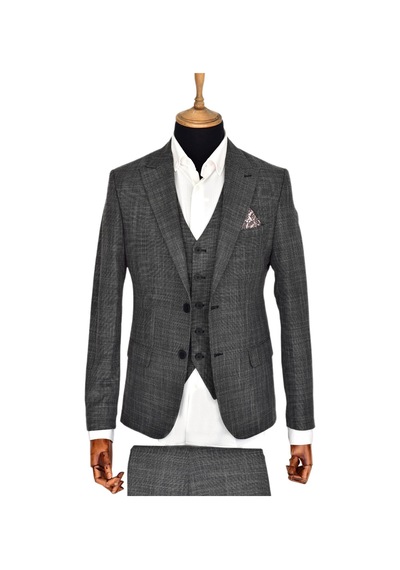 Suitmen Erkek Silim Fitt Çift Yırtmaçlı Yelekli Takım Elbise Bgl-st03413 Füme