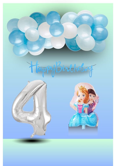 4 Yaş Frozen Tema İkili Prenses Folyo Balon Mavi Beyaz Balon Gümüş Rakam Mavi Banner Doğum Günü Seti Çok Renkli