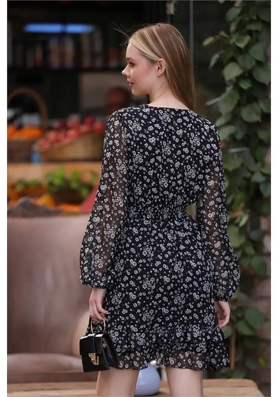 Neşeli Butik Kadın Siyah Gipeli Eteği Fırfırlı Desenli Mini Şifon Elbise Rssn21 Siyah