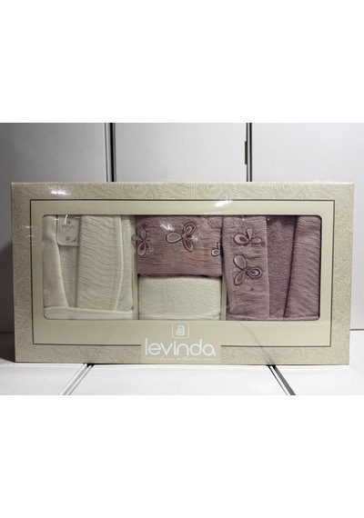Levinda 3d Nakışlı Bornoz Takımı Krem-mürdüm