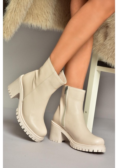 Fox Shoes T726911109 Bej Kalın Topuklu Kadın Bot Bej-suni Deri Bej