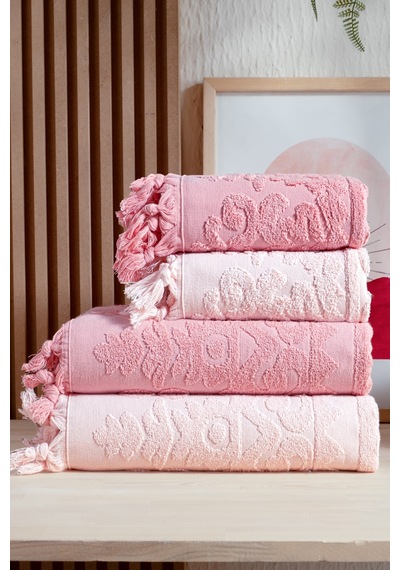 4'lü Hamam Seti %100 Pamuk 2 Adet 70x140 Beden, 2 Adet 50x90 El, Yüz, Saç Havlu Bağlamalı, 1250gr Pudra Pembe
