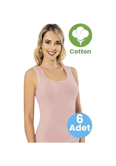 Tezzgelsin Kadın 6'lı Geniş Askılı Çizgili Raporlu Penye Kaşkorse Atlet Pudra