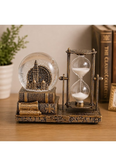 Kişiye Özel Dekoratif Big Ben Saat Kulesi Temalı Kar Küresi Ve Kum Saati Vintage Tasarım Hediyelik Masa Dekoru