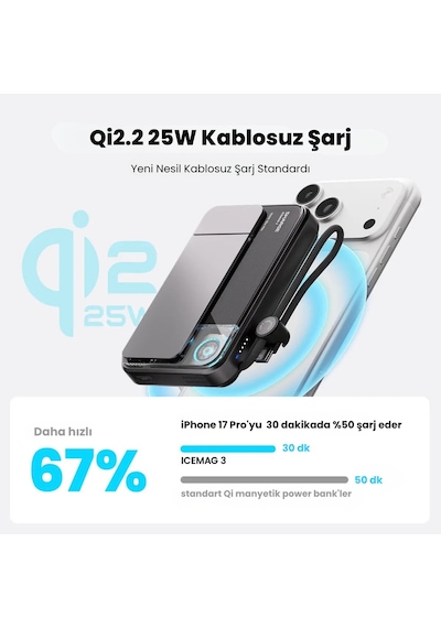 Sharge Icemag 3 Soğutucu Fanlı Standlı 10000 Mah Qi2 25w Magsafe Uyumlu Şeffaf Powerbank, Dahili Kablolu Hızlı Şarj Cihazı Siyah