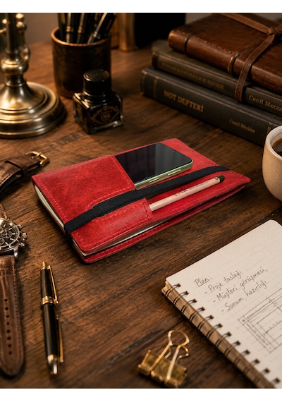Bilikolik Hakiki Deri A5 Defter Kılıfı, El Yapımı, Telefon Cepli Ajanda Organizer, Defter Ve Kalem Dahil Kırmızı