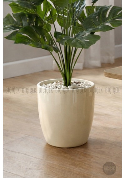 Biçiçek Yapay Monstera Deve Tabani 60 Cm Krem Yakut Saksıda