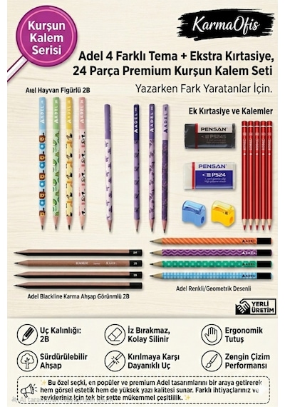 24 Parça Premium Kurşun Kalem Seti + Silgi + Kalemtıraş 2b Çizim Ve Yazı Kalemi Seti Ekru