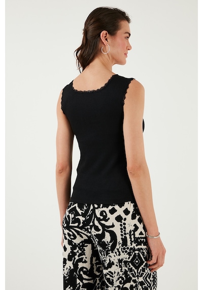 Lela Slim Fit Kalın Dantelli Kare Yaka Bürümcük 2'Li Paket Bayan Atlet 5864979S2 Siyah-Ekru