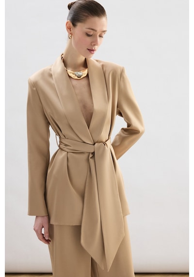 Sateen Kuşaklı Saten Ceket - Camel-137008 CAMEL