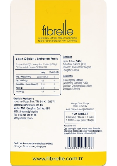 Fibrelle Sukralozlu Tablet Tatlandırıcı 100'lük Cep 2 Adet