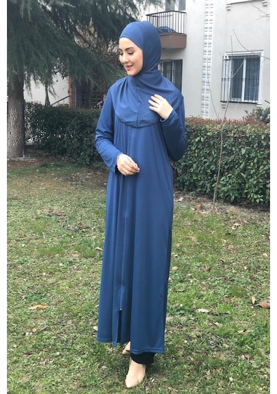 Aslınur Tek Parça Fermuarlı Namaz Elbisesi İndigo Mavi Açık Mavi