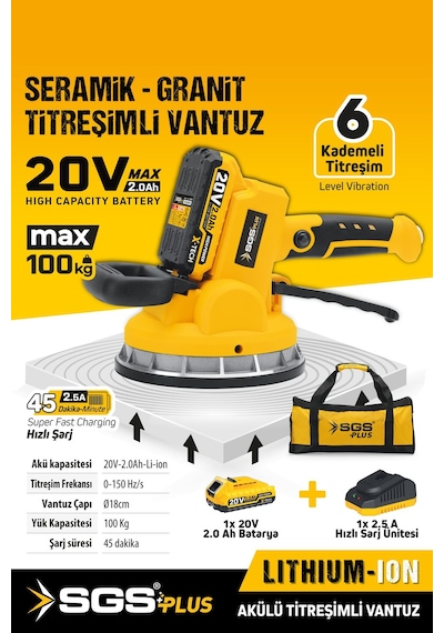 Sgs5415 20 Volt 2 Amper Akülü Titreşimli Vantuz Seramik Granit Mermer Kiremit Döşeme Makinesi