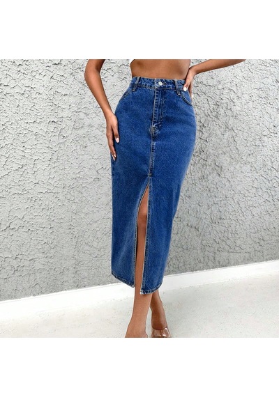 Kadın Denim Esnek Kumaş Yırtmaçlı Uzun Etek Koyu Mavi