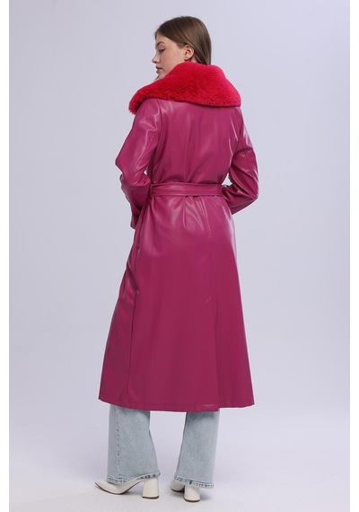 Selectmoda Kadın Peluş Yaka Deri Görünümlü Uzun Kaban Pembe