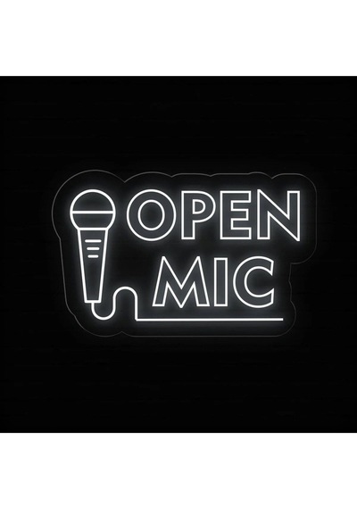Open Mıc Yazılı Ve Şekilli Neon Tabela Beyaz