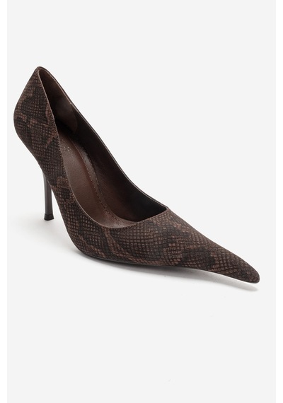 Luvishoes Luce Kahverengi Desenli Sivri Burunlu Kadın Topuklu Ayakkabı Kahverengi