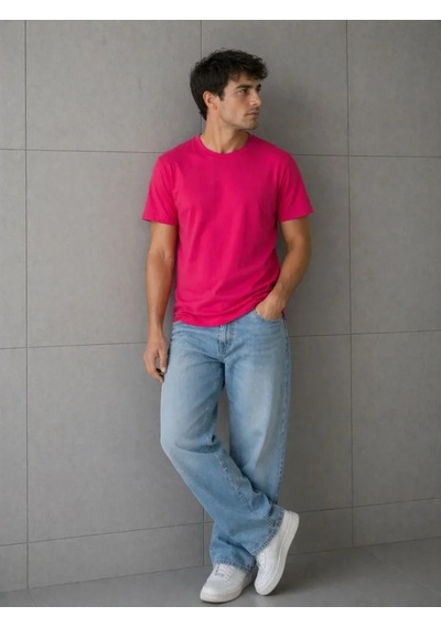 Modi Erkek Basic Pamuklu Tişört Bisiklet Yaka Düz Renk Regular Fit T-shirt - Fuşya Açık Pembe