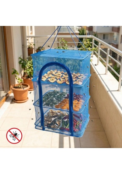 Buffer 3 Katlı Fermuarlı Sebze Meyve Kurutucu File 45x45 Cm Katlı Askılı Kurutma Filesi 56 Cm Uzunluk Mavi