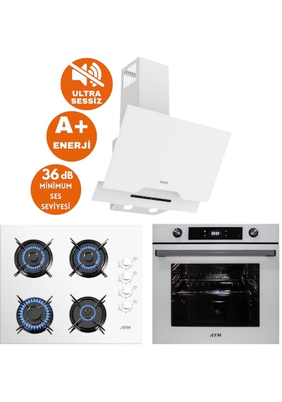 Afm Tech & Ferre Nuvo D064-SA + FM7701 + FM2201  Sessiz Turbo Dijital Beyaz Ankastre Set