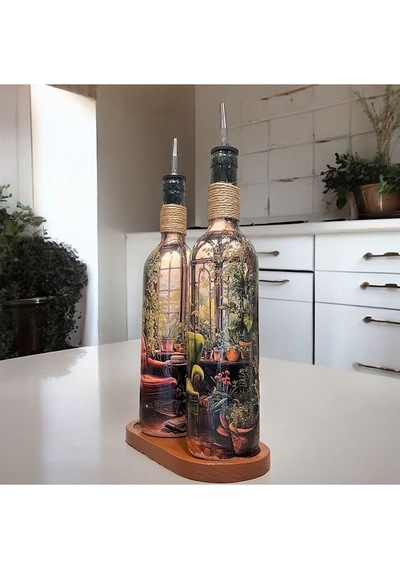 El Yapımı Rustik Koltuk Desenli Renkli 750 Ml Zeytinyağı Sıvıyağ Şişesi Yağdanlık Yağlık 2'li Set Çok Renkli