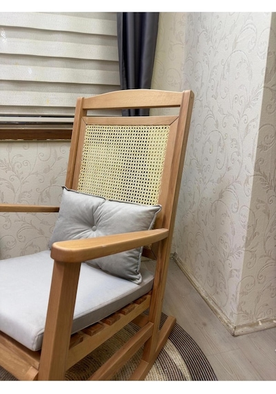 Asedia Veranda Naturel Krem Minderli Hasırlı Sallanan Sandalye Dinlenme Koltuğu