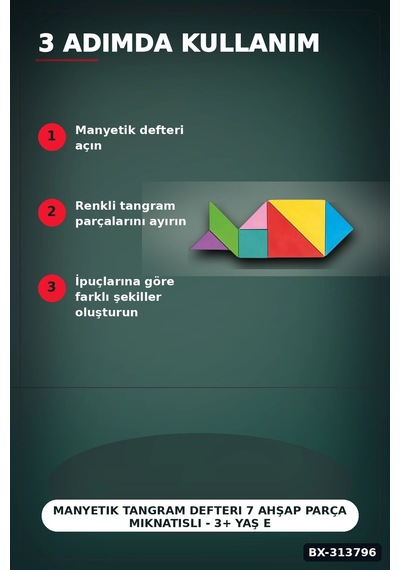 Manyetik Tangram Defteri 7 Ahşap Parça Mıknatıslı - 3+ Yaş Eğitici Zeka Oyunu Bx-313796