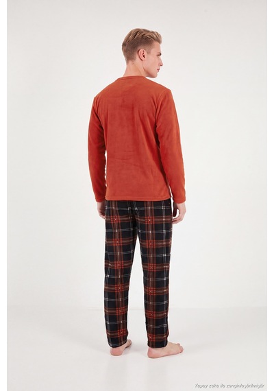 Buratti Ekoseli Bisiklet Yaka Yumuşak Dokulu Polar Pijama Takımı Erkek Pijama Takımı 6097000 Tarçın