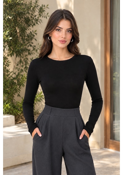 Feyece Kadın Premium Soft Bisiklet Yaka Uzun Kollu Basic Bluz Siyah