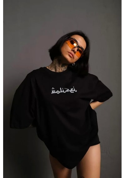 Bisiklet Yakalı Sırt Baskılı Oversize T-shirt - Siyah