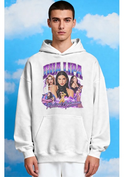 Sevbano Dua Lipa Şarkıcı Ön Baskılı Unisex Oversize Premium Hoodie beyaz