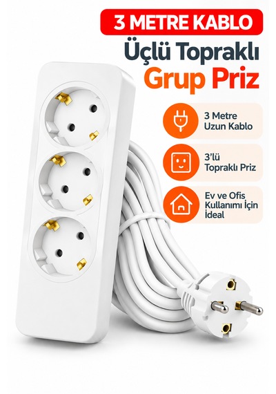 3 Metre Kablolu Topraklı Çocuk Korumalı Üçlü Priz Beyaz Renkli Güvenli Tasarım 3 M