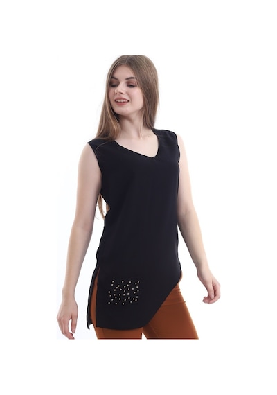 Self Clothing Kadın Siyah V Yaka Cep Ve Yırtmaç Detaylı Bluz Slf1246-Siyah