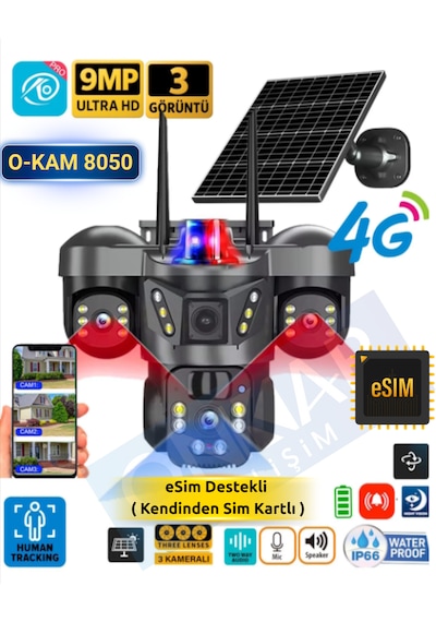 O-kam 8050 9mp Lens 3 Kamera 4g Esim Destekli Solar Güneş Enerjili Akıllı Güvenlik Kamerası