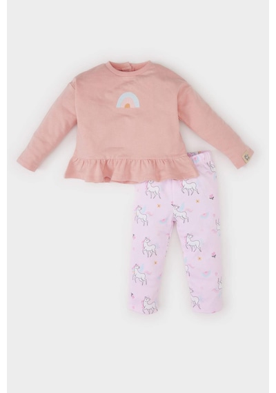 DeFacto Kız Bebek 2'li Takım Bisiklet Yaka Sweatshirt Unicorn Baskılı Beli Lastikli Alt D8699A525SPBR80