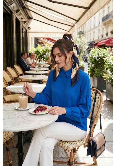 Lela Regular Fit Dikiş Detaylı Düz Yaka Balon Kol Bayan Gömlek 611Go00003 Saks
