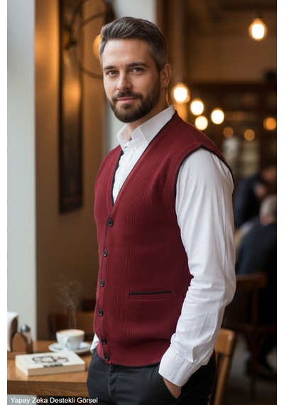 Kamalı Bordo Erkek V Yaka Triko Düğmeli Cepli Çizgi Desenli Regular Fit Tüylenmeyen Örgü Yelek Bordo