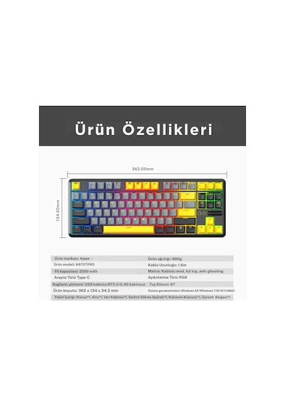 K870t Pro 3 Modlu Uyumlu Hot-swap Rgb, Mekanik Klavye - Siyah
