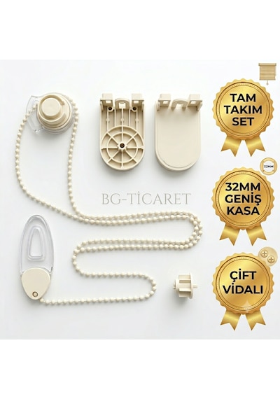 Stor Perde Mekanizması 32mm Geniş Kasa Çift Vidalı Takmatik Zincir Takımı Tam Set Zebra Perde Mekanizması Krem