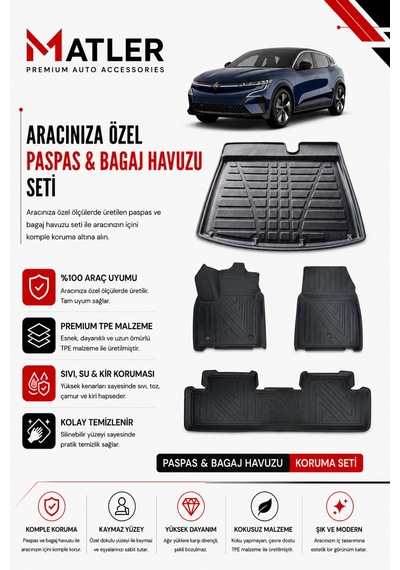 Renault Megane E-tech 2023 Model 4d Ekstra Havuzlu Paspas Ve Bagaj Havuzu Set